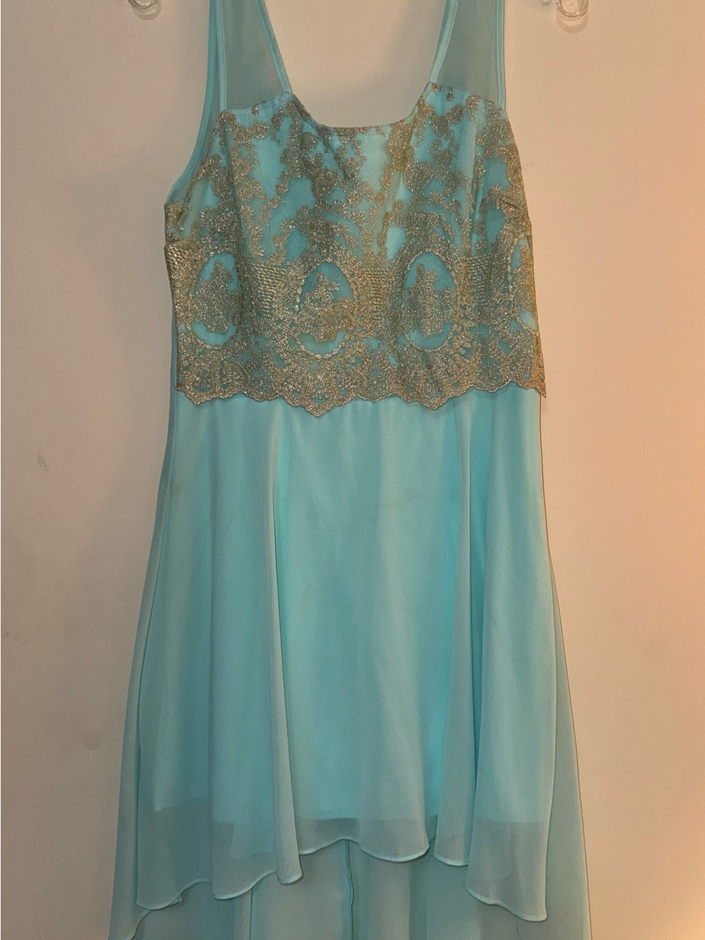 Marineblu Aqua Chiffon Dress Gold Lace Overlay with High/Low Hem worn once Large